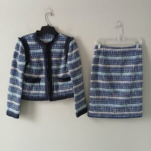 Tory Burch Women's Size 2 Metallic Boucle Fringe Tweed Jacket & Skirt Suit Lined